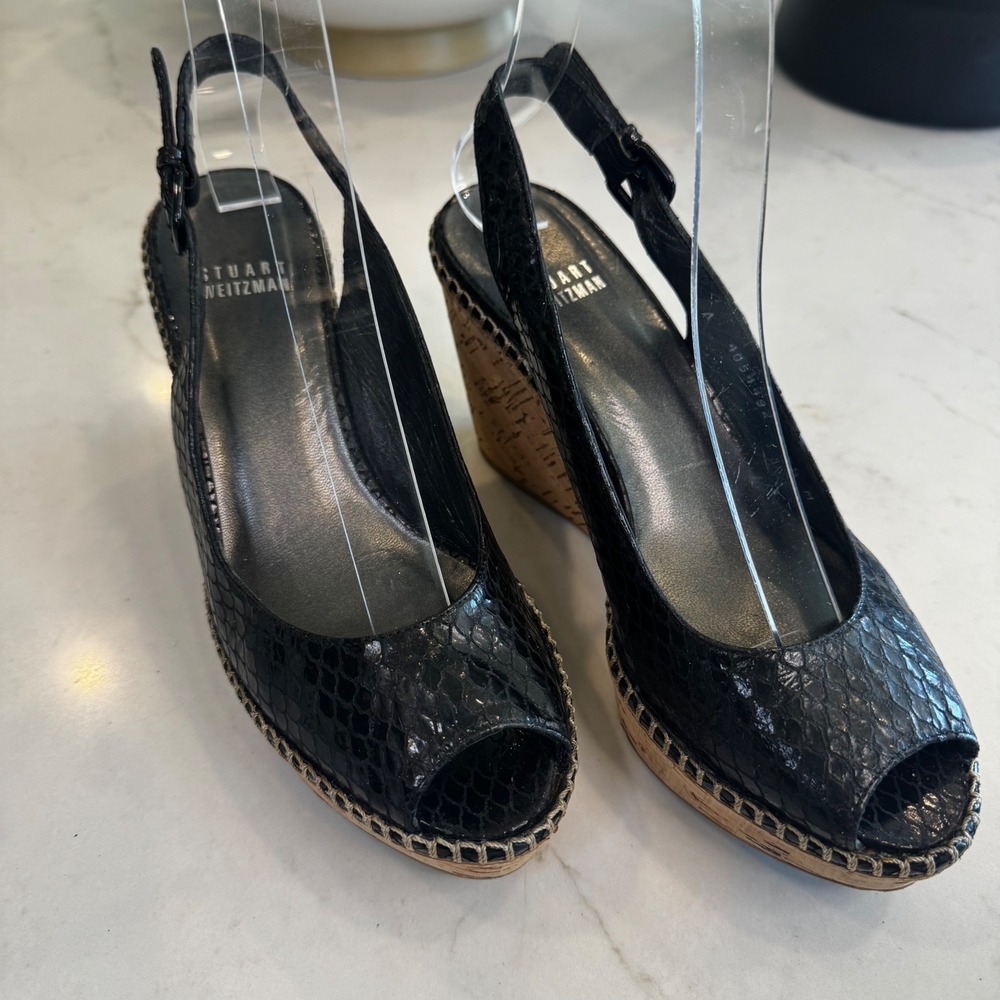 Stuart Weitzman Women 6.5 Black Snakeskin Embossed Cork Wedge Slingback Sandals - Picture 7 of 15